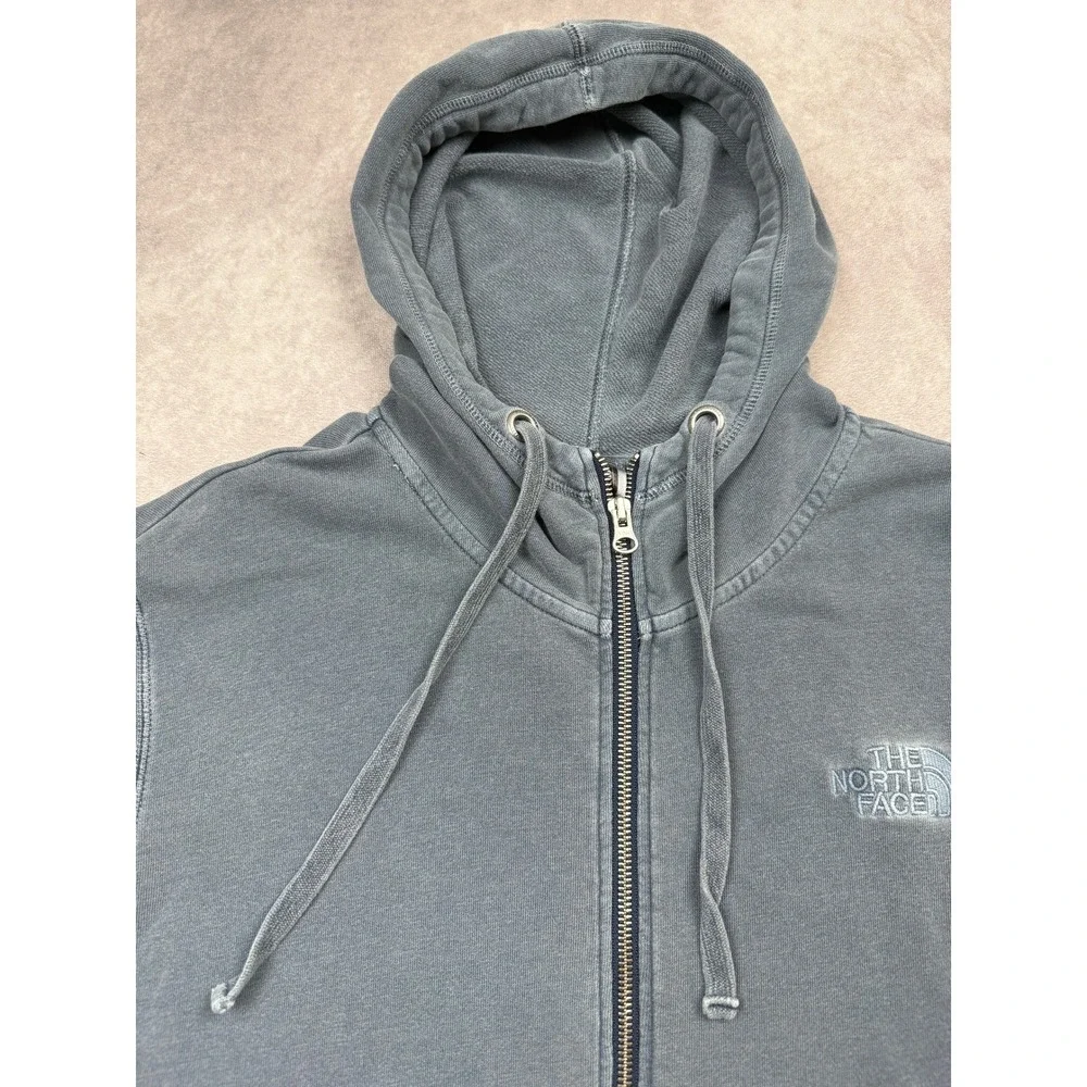The North Face Mens L Full Zip Hoodie Blue Mountain Graphic Logo Sweatshirt Fade